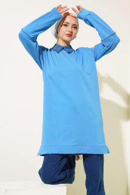 Pazarium - Yaka Taşlı İki İplik Tunik Mavi