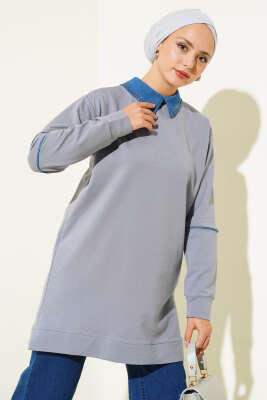 Pazarium - Yaka Taşlı İki İplik Tunik Kayrak Grisi