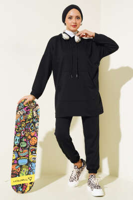 Pazarium - Paça Lastikli Kapüşonlu İkili Takım Siyah