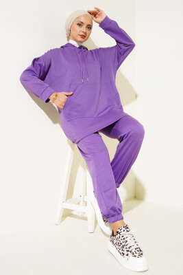 Pazarium - Paça Lastikli Kapüşonlu İkili Takım Lila