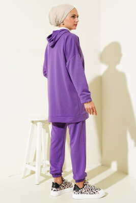 Paça Lastikli Kapüşonlu İkili Takım Lila - Thumbnail