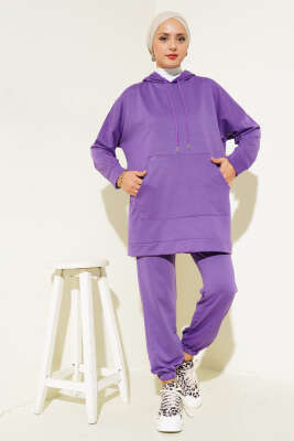 Paça Lastikli Kapüşonlu İkili Takım Lila - Thumbnail