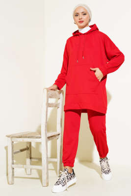 Paça Lastikli Kapüşonlu İkili Takım Kırmızı - Thumbnail