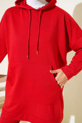 Paça Lastikli Kapüşonlu İkili Takım Kırmızı - Thumbnail