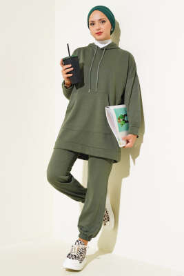 Paça Lastikli Kapüşonlu İkili Takım Haki - Thumbnail