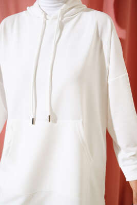 	 Paça Lastikli Kapüşonlu İkili Takım Beyaz - Thumbnail