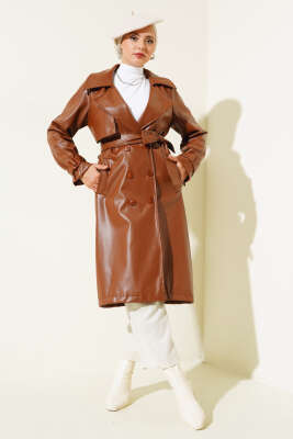 Omuz Apoletli Deri Trençkot Taba - Thumbnail