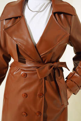 Omuz Apoletli Deri Trençkot Taba - Thumbnail