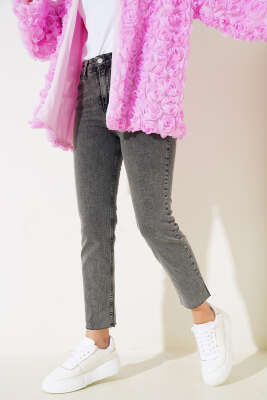 Yüksek Bel Boru Paça Kot Pantolon Füme - Thumbnail