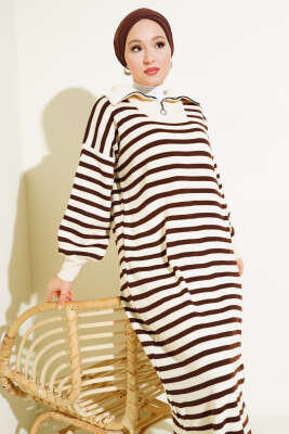 Çizgili Yarım Fermuarlı Triko Elbise Taş - Thumbnail