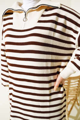 Çizgili Yarım Fermuarlı Triko Elbise Taş - Thumbnail