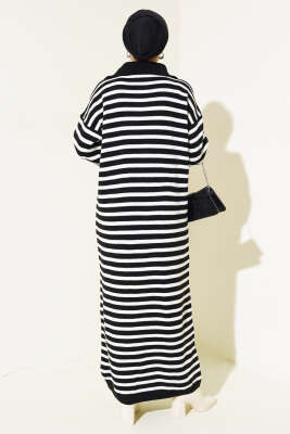 Çizgili Yarım Fermuarlı Triko Elbise Siyah - Thumbnail