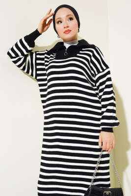 Çizgili Yarım Fermuarlı Triko Elbise Siyah - Thumbnail