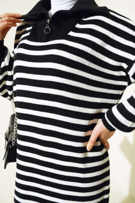 Çizgili Yarım Fermuarlı Triko Elbise Siyah - Thumbnail