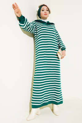 Çizgili Yarım Fermuarlı Triko Elbise Nefti - Thumbnail