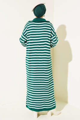 Çizgili Yarım Fermuarlı Triko Elbise Nefti - Thumbnail