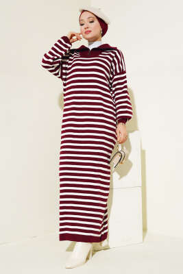 Çizgili Yarım Fermuarlı Triko Elbise Bordo - Thumbnail