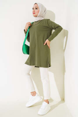 Uzun Kol Basic Tunik Haki - Thumbnail