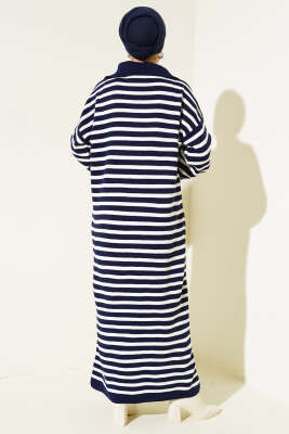 Çizgili Yarım Fermuarlı Triko Elbise Lacivert - Thumbnail