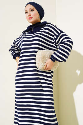 Çizgili Yarım Fermuarlı Triko Elbise Lacivert - Thumbnail