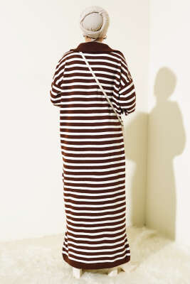 Çizgili Yarım Fermuarlı Triko Elbise Kahve - Thumbnail