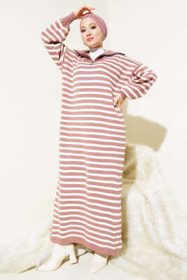 Çizgili Yarım Fermuarlı Triko Elbise Gül Kurusu - Thumbnail