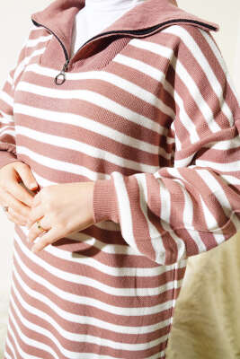 Çizgili Yarım Fermuarlı Triko Elbise Gül Kurusu - Thumbnail