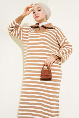 Çizgili Yarım Fermuarlı Triko Elbise Büsküvi - Thumbnail