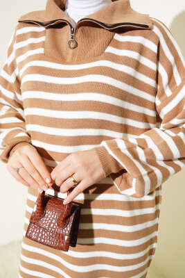 Çizgili Yarım Fermuarlı Triko Elbise Büsküvi - Thumbnail