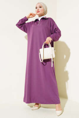 Yüksek Yaka Fermuarlı Elbise Magenta - Thumbnail