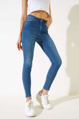 Pazarium - Dar Paça Yüksek Bel Kot Pantolon Orta Mavi