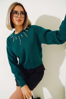 Yakası İncili Taşlı Triko Crop Kazak Zümrüt - Thumbnail