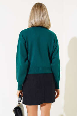 Yakası İncili Taşlı Triko Crop Kazak Zümrüt - Thumbnail