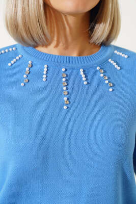 Yakası İncili Taşlı Triko Crop Kazak İndigo - Thumbnail