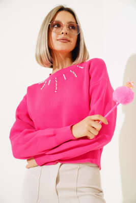 Yakası İncili Taşlı Triko Crop Kazak Fuşya - Thumbnail