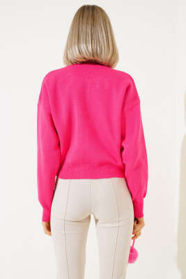 Yakası İncili Taşlı Triko Crop Kazak Fuşya - Thumbnail