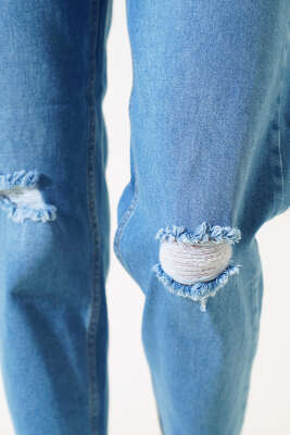 Kesik Paça Lazerli Kot Pantolon Açık Mavi - Thumbnail