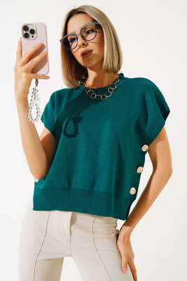 Yanları Düğmeli Yaka Fırfırlı Triko Süveter Zümrüt - Thumbnail