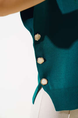 Yanları Düğmeli Yaka Fırfırlı Triko Süveter Zümrüt - Thumbnail