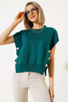 Yanları Düğmeli Yaka Fırfırlı Triko Süveter Zümrüt - Thumbnail