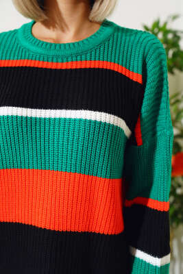 Renkli Kalın Çizgili Triko Crop Kazak Zümrüt - Thumbnail