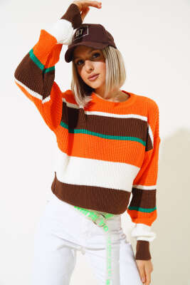 Renkli Kalın Çizgili Triko Crop Kazak Kahve - Thumbnail