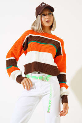 Renkli Kalın Çizgili Triko Crop Kazak Kahve - Thumbnail