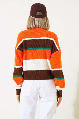 Renkli Kalın Çizgili Triko Crop Kazak Kahve - Thumbnail