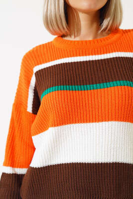 Renkli Kalın Çizgili Triko Crop Kazak Kahve - Thumbnail