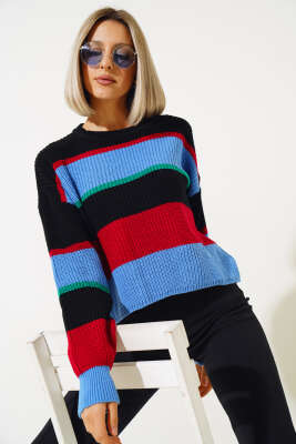 Renkli Kalın Çizgili Triko Crop Kazak İndigo - Thumbnail