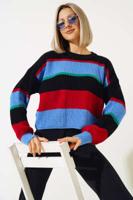 Renkli Kalın Çizgili Triko Crop Kazak İndigo - Thumbnail