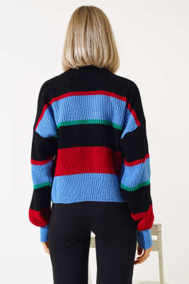 Renkli Kalın Çizgili Triko Crop Kazak İndigo - Thumbnail