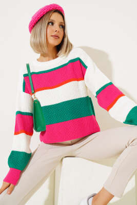 Renkli Kalın Çizgili Triko Crop Kazak Fuşya - Thumbnail