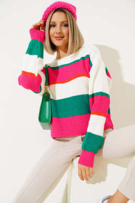 Renkli Kalın Çizgili Triko Crop Kazak Fuşya - Thumbnail